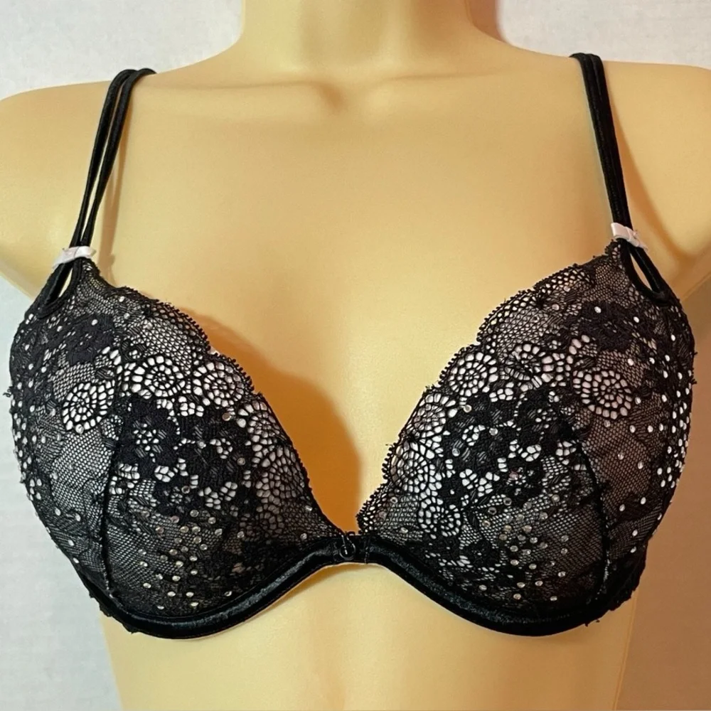 Victoria Secret black lace push up full coverage sequin bra 34C - Picture 2 of 5